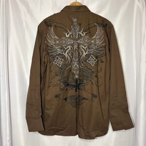 NWT Focus Mens Brown Long Sleeve Button Down Shirt Winged Cross Embroidered Y2K